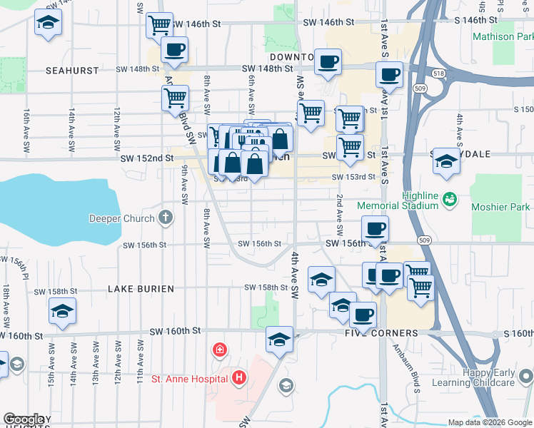 map of restaurants, bars, coffee shops, grocery stores, and more near 450 Southwest 155th Street in Burien