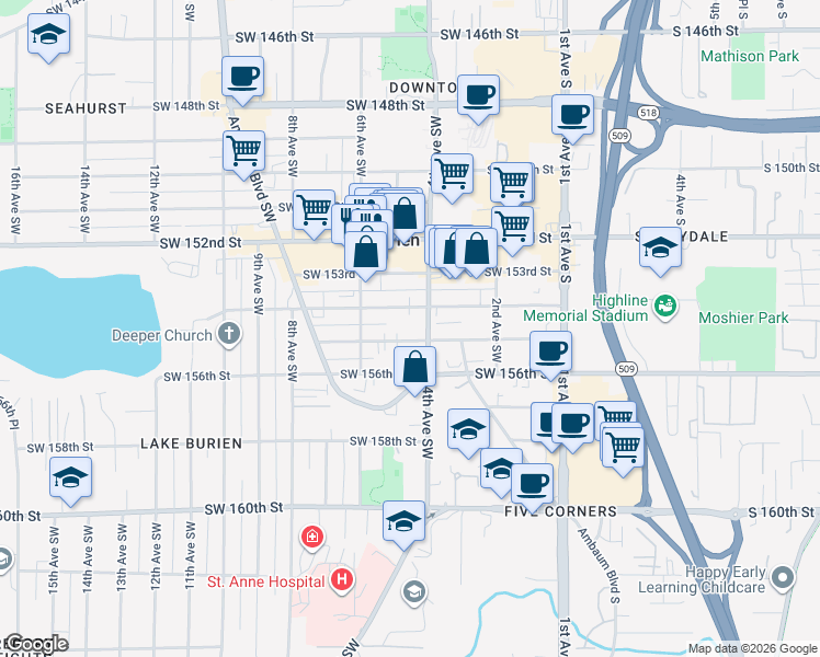 map of restaurants, bars, coffee shops, grocery stores, and more near 416 Southwest 155th Street in Burien
