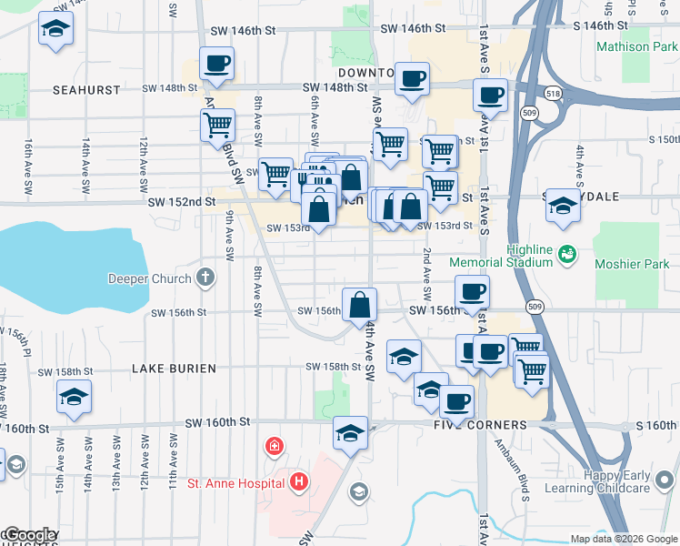 map of restaurants, bars, coffee shops, grocery stores, and more near 432 Southwest 155th Street in Burien