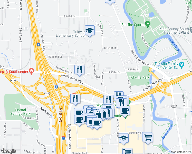 map of restaurants, bars, coffee shops, grocery stores, and more near 15330 Sunwood Boulevard in Seattle