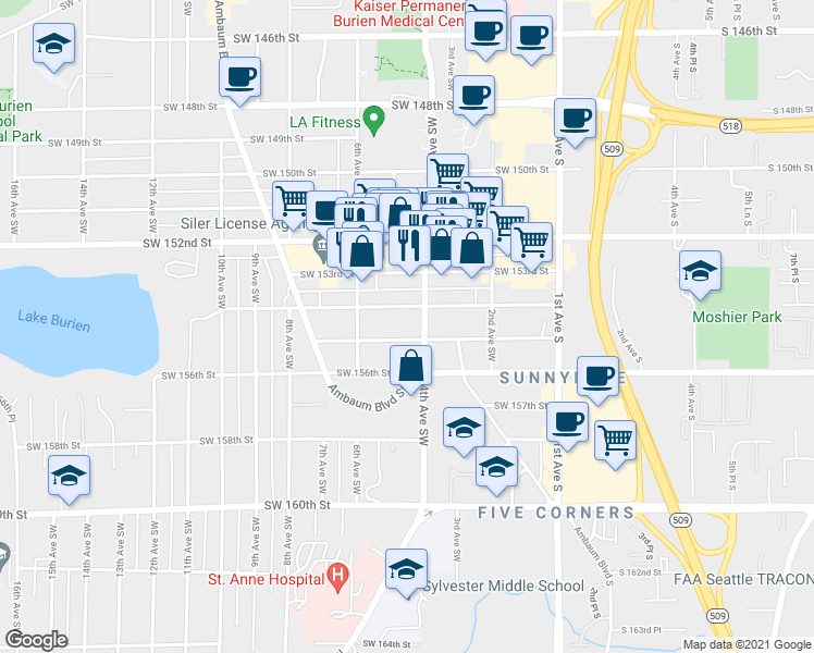 map of restaurants, bars, coffee shops, grocery stores, and more near 416 Southwest 155th Street in Burien