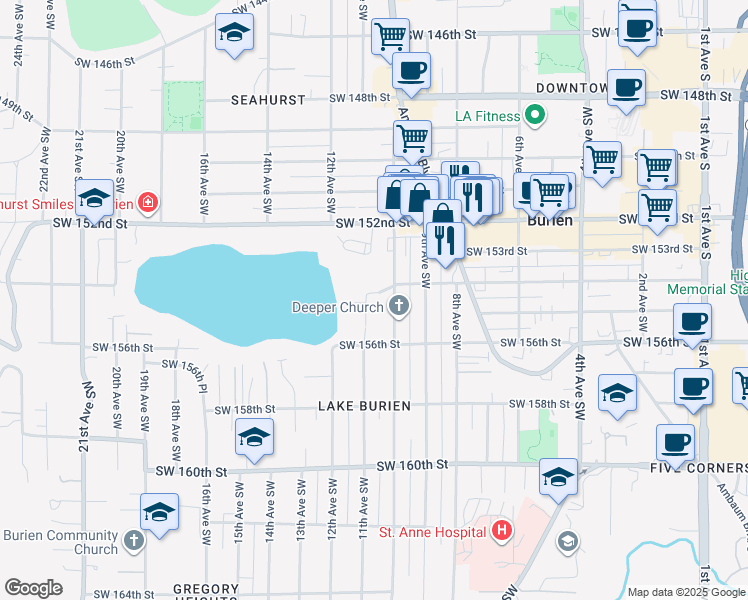 map of restaurants, bars, coffee shops, grocery stores, and more near 15405 10th Avenue Southwest in Burien