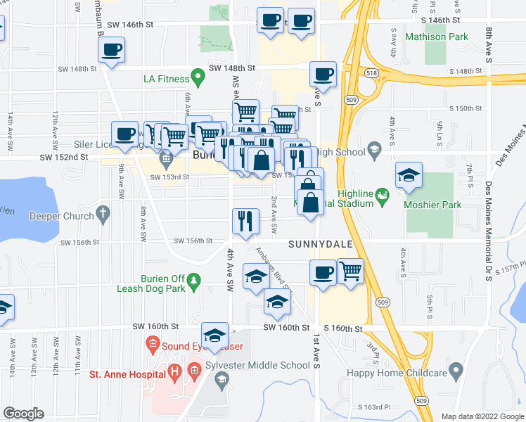 map of restaurants, bars, coffee shops, grocery stores, and more near 210 Southwest 155th Street in Burien