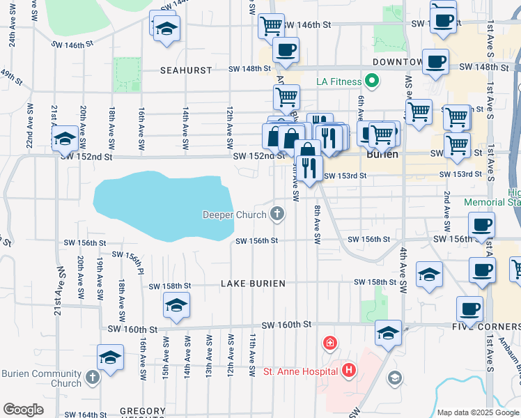 map of restaurants, bars, coffee shops, grocery stores, and more near 15405 10th Avenue Southwest in Burien