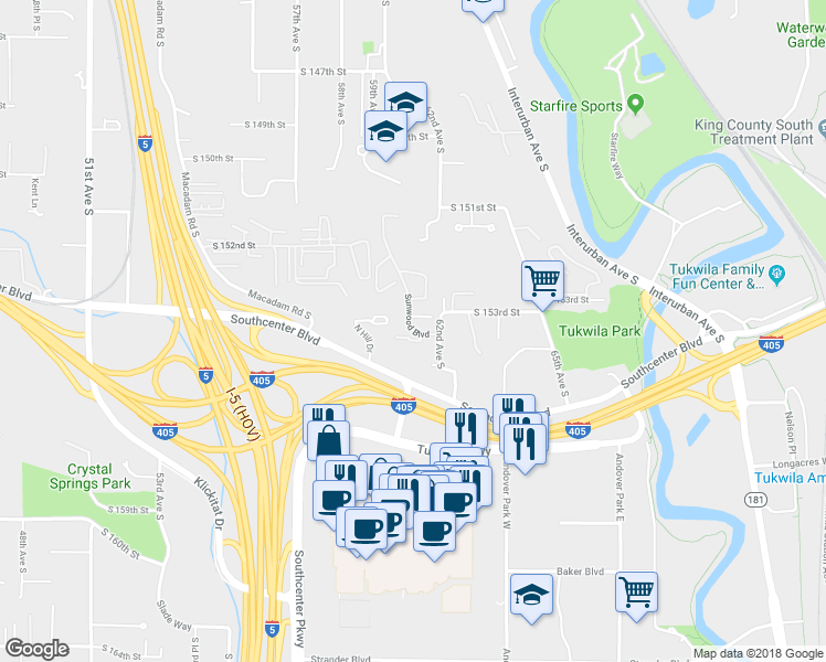 map of restaurants, bars, coffee shops, grocery stores, and more near 15335 Sunwood Boulevard in Tukwila