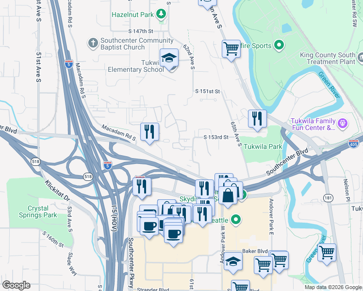 map of restaurants, bars, coffee shops, grocery stores, and more near 15325 Sunwood Boulevard in Tukwila