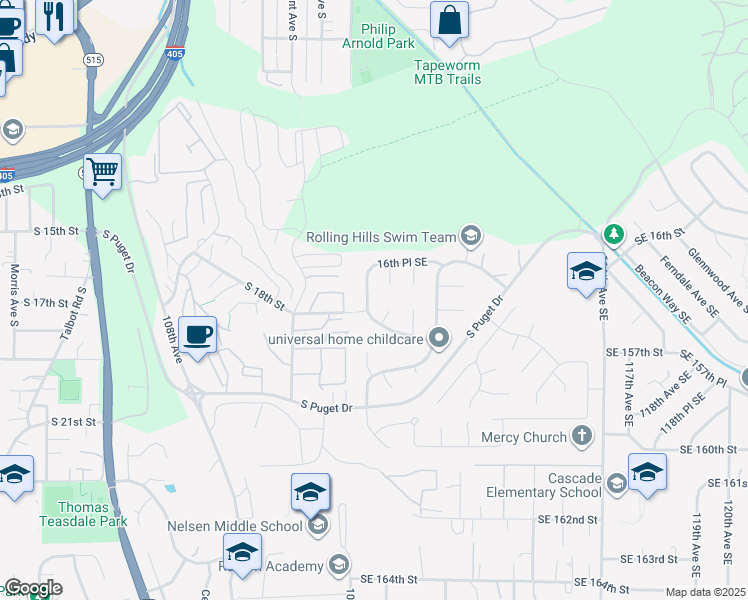 map of restaurants, bars, coffee shops, grocery stores, and more near 1724 Jones Drive Southeast in Renton