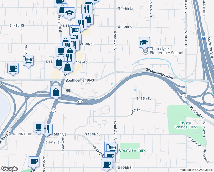 map of restaurants, bars, coffee shops, grocery stores, and more near 15418 40th Avenue South in Tukwila