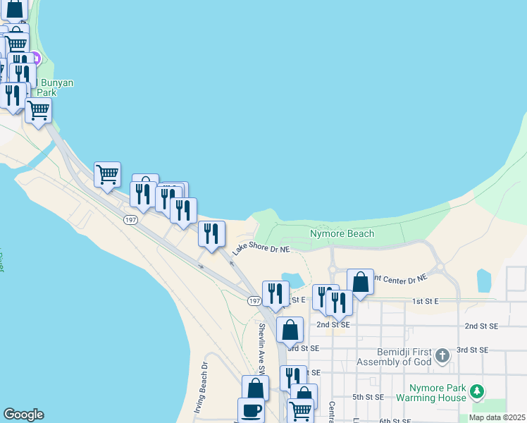 map of restaurants, bars, coffee shops, grocery stores, and more near 115 Lake Shore Drive Northeast in Bemidji