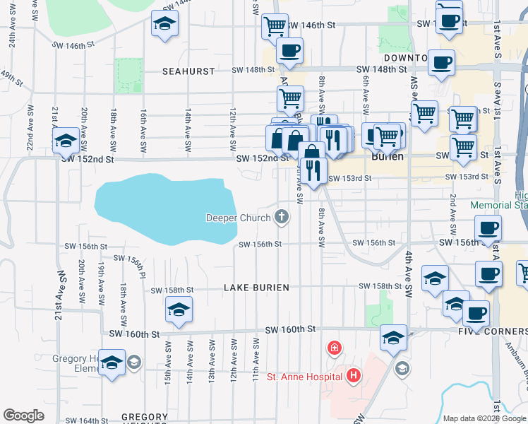 map of restaurants, bars, coffee shops, grocery stores, and more near 15405 10th Avenue Southwest in Burien