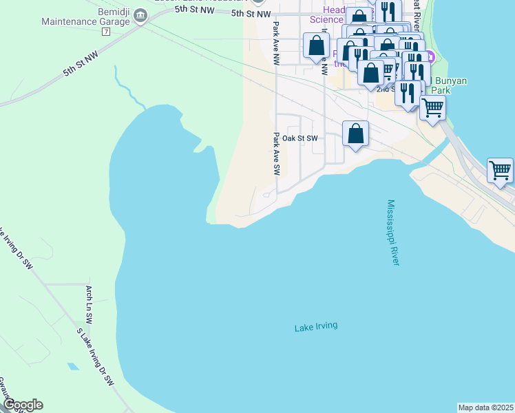 map of restaurants, bars, coffee shops, grocery stores, and more near 707 Woodland Avenue Southwest in Bemidji