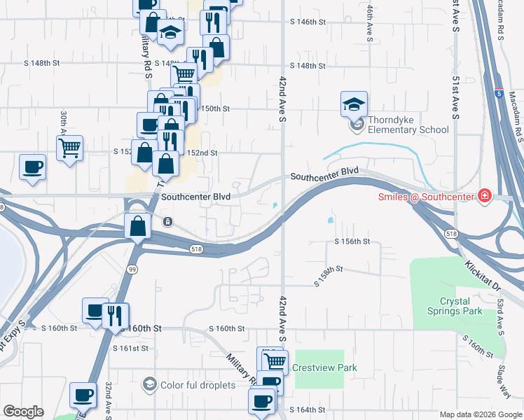map of restaurants, bars, coffee shops, grocery stores, and more near 15422 40th Avenue South in Tukwila