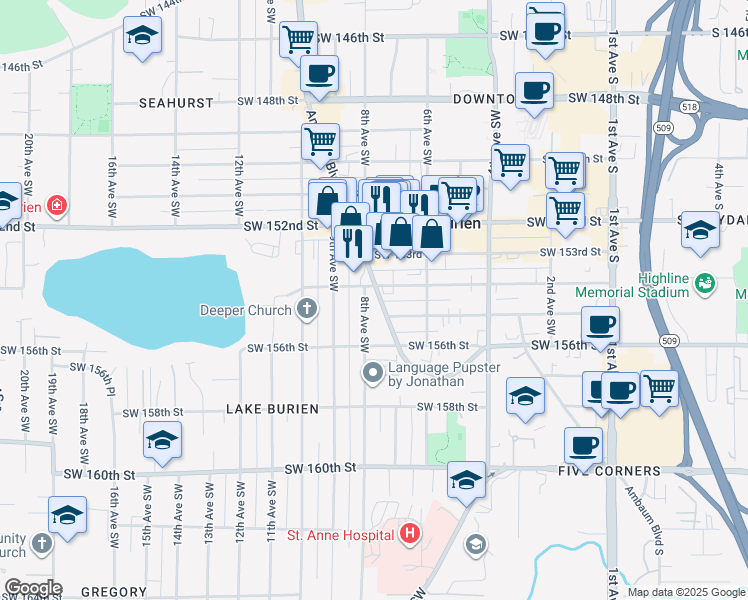 map of restaurants, bars, coffee shops, grocery stores, and more near 15420 8th Avenue Southwest in Burien