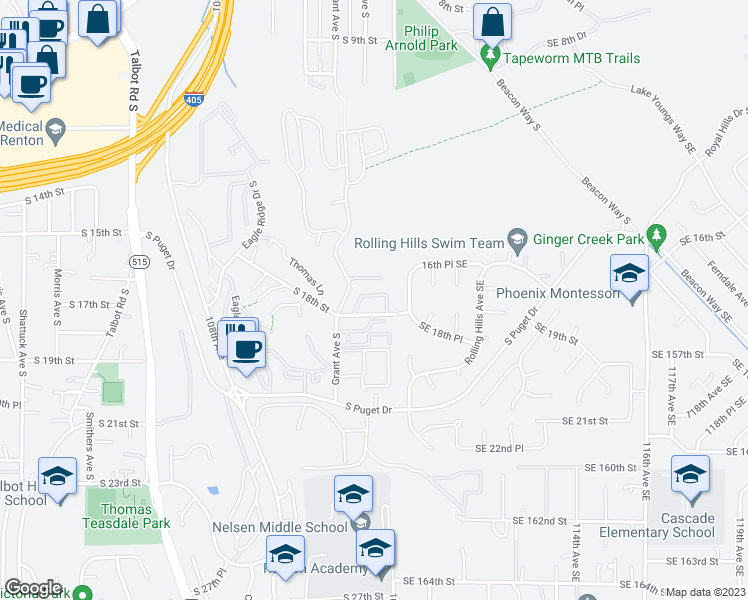 map of restaurants, bars, coffee shops, grocery stores, and more near 1500 South 18th Street in Renton