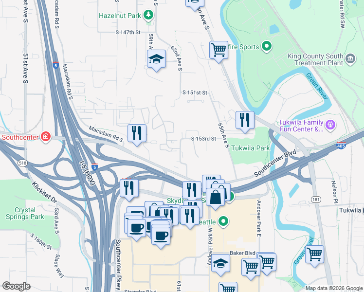map of restaurants, bars, coffee shops, grocery stores, and more near 15330 Sunwood Boulevard in Seattle