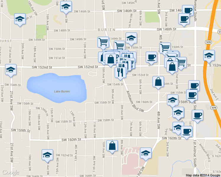 map of restaurants, bars, coffee shops, grocery stores, and more near 15415 9th Avenue Southwest in Burien