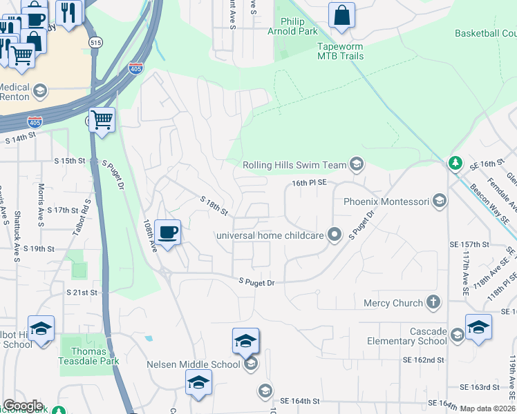 map of restaurants, bars, coffee shops, grocery stores, and more near 1500 South 18th Street in Renton