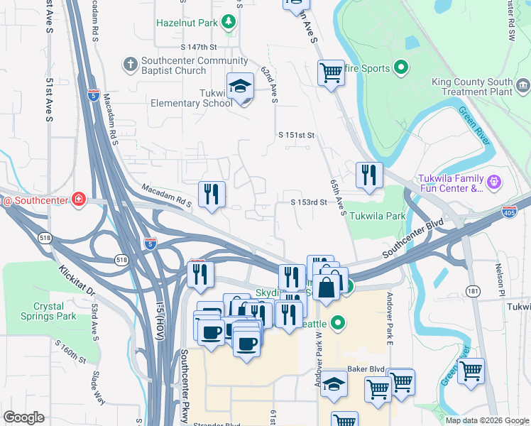 map of restaurants, bars, coffee shops, grocery stores, and more near 15325 Sunwood Boulevard in Tukwila