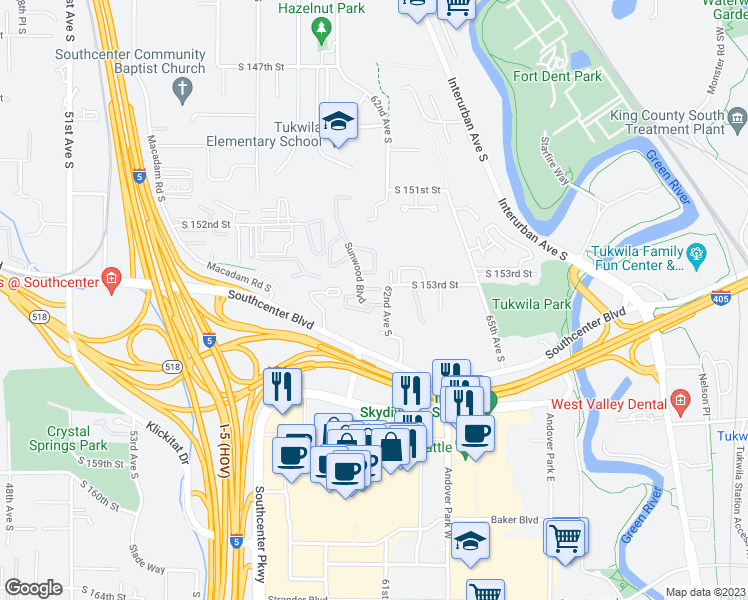 map of restaurants, bars, coffee shops, grocery stores, and more near 15330 Sunwood Boulevard in Seattle