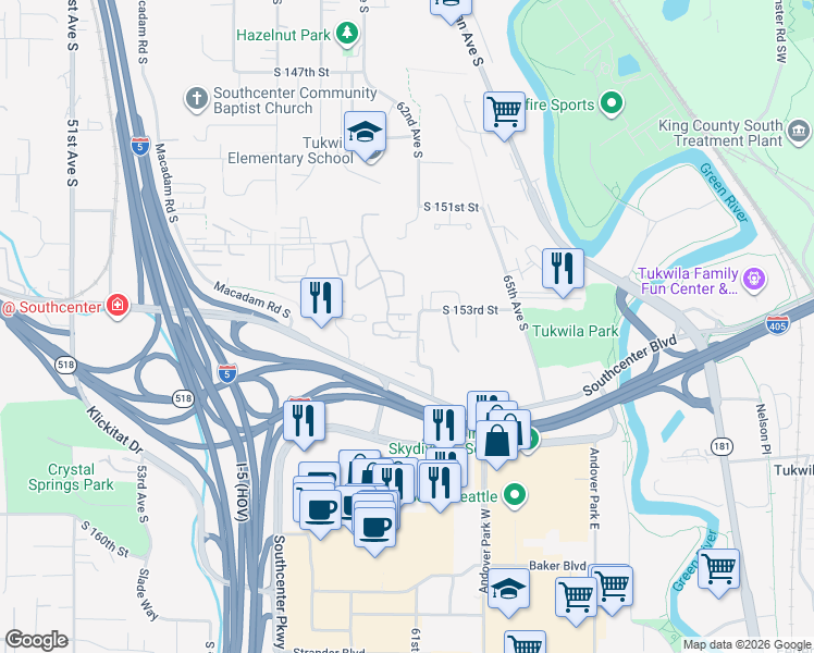 map of restaurants, bars, coffee shops, grocery stores, and more near 15345 Sunwood Boulevard in Tukwila