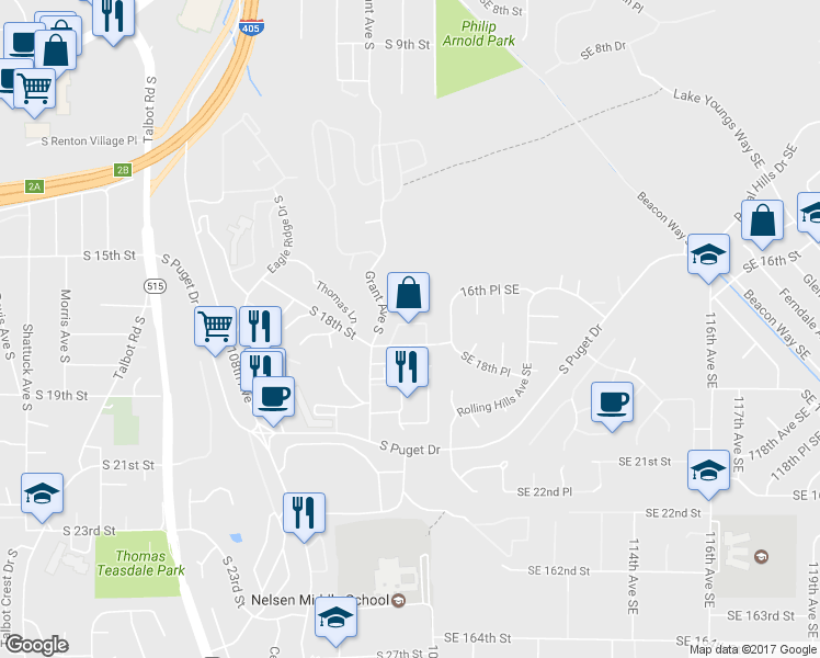 map of restaurants, bars, coffee shops, grocery stores, and more near 1500 South 18th Street in Renton