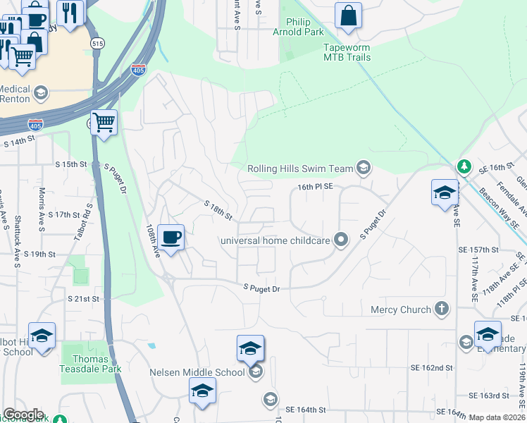 map of restaurants, bars, coffee shops, grocery stores, and more near 1500 South 18th Street in Renton