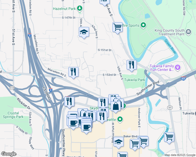 map of restaurants, bars, coffee shops, grocery stores, and more near 15330 Sunwood Boulevard in Seattle
