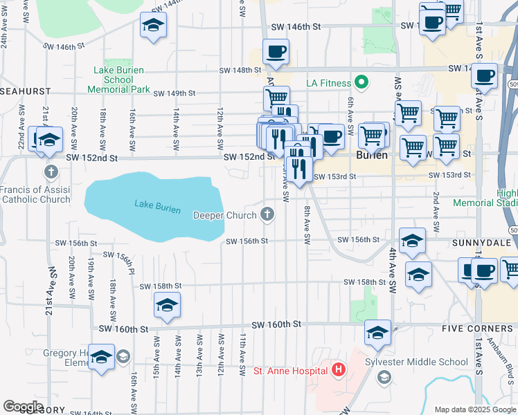 map of restaurants, bars, coffee shops, grocery stores, and more near 15405 10th Avenue Southwest in Burien