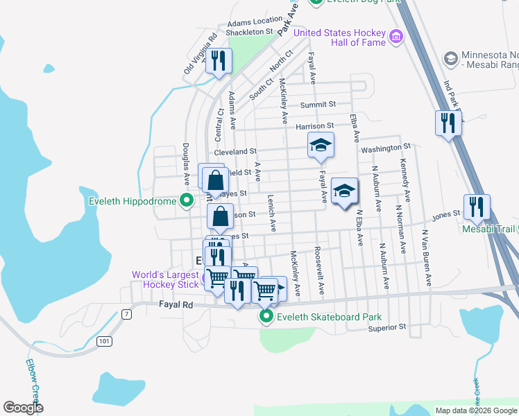 map of restaurants, bars, coffee shops, grocery stores, and more near 531 Jackson Street in Eveleth