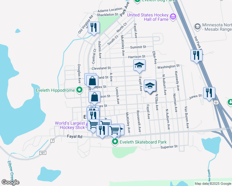 map of restaurants, bars, coffee shops, grocery stores, and more near 531 Jackson Street in Eveleth