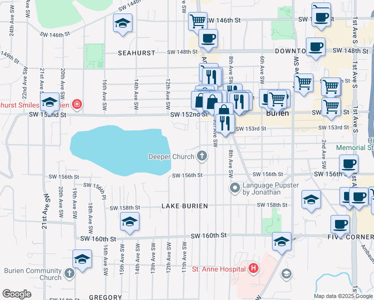 map of restaurants, bars, coffee shops, grocery stores, and more near 15400 11th Avenue Southwest in Burien