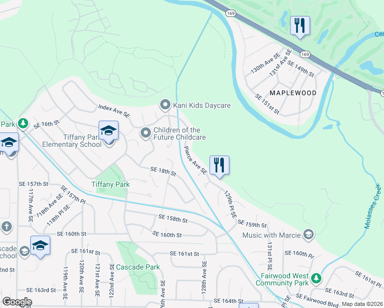 map of restaurants, bars, coffee shops, grocery stores, and more near 1709 Pierce Avenue Southeast in Renton