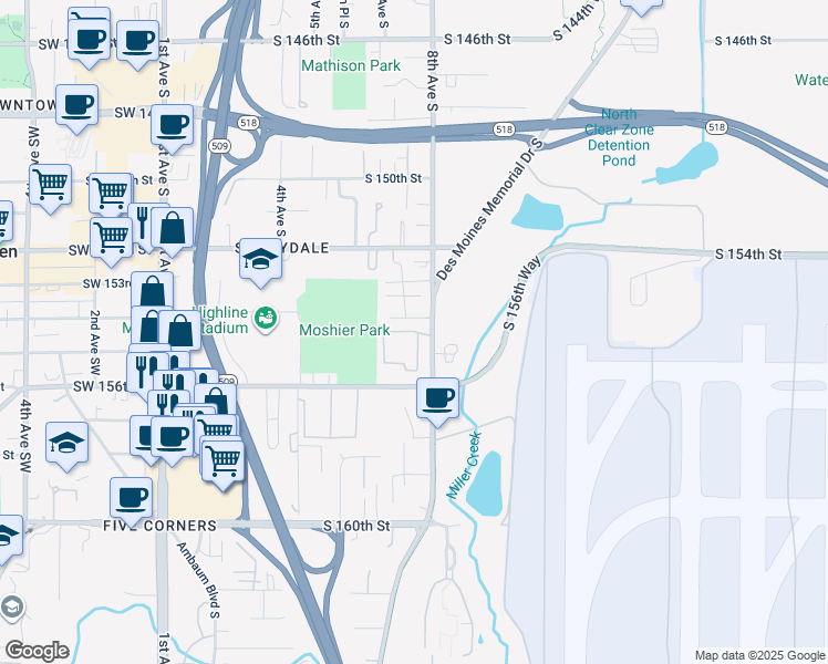 map of restaurants, bars, coffee shops, grocery stores, and more near South 154th Lane in Burien