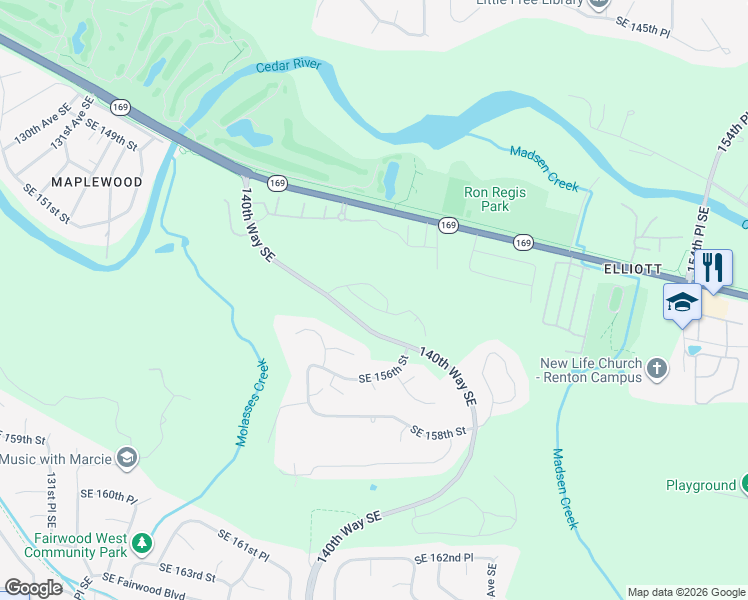 map of restaurants, bars, coffee shops, grocery stores, and more near 15429 141st Place Southeast in Renton