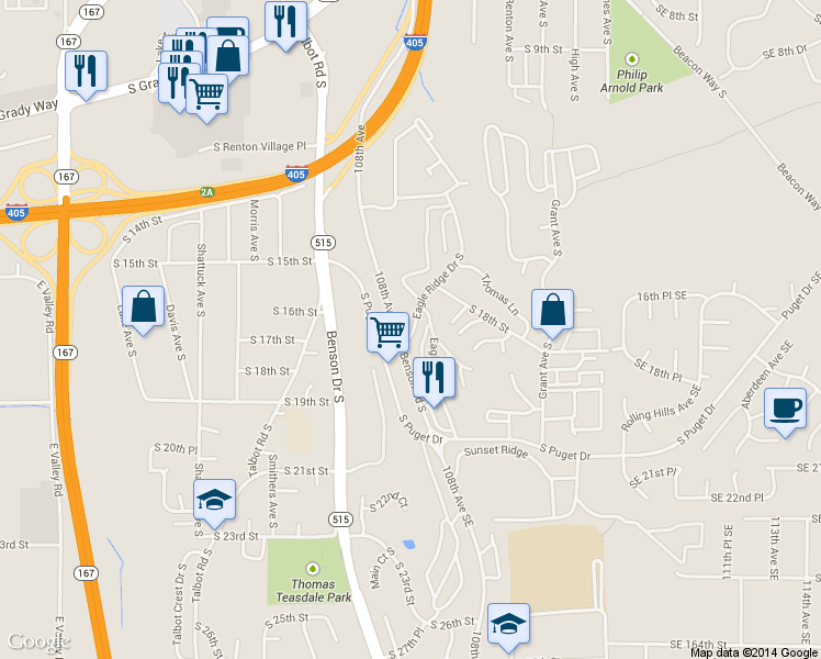 map of restaurants, bars, coffee shops, grocery stores, and more near 1100 Eagle Ridge Drive South in Renton