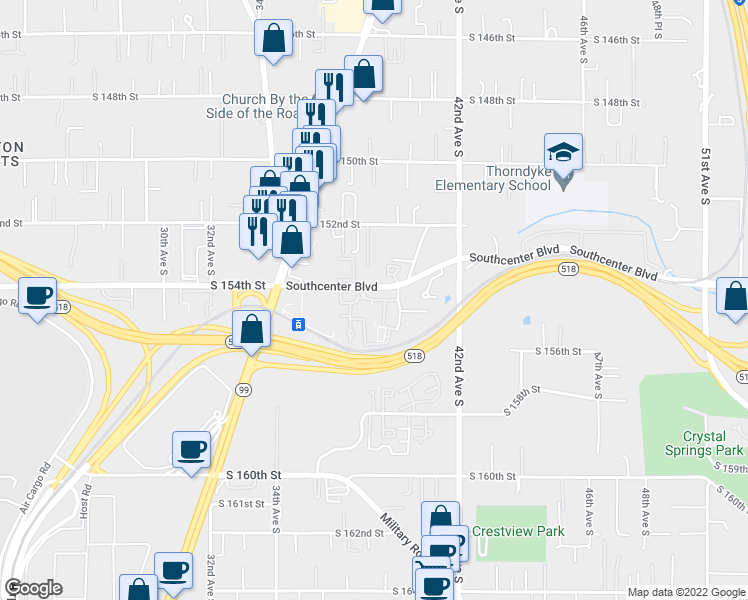 map of restaurants, bars, coffee shops, grocery stores, and more near South 154th Lane in Tukwila