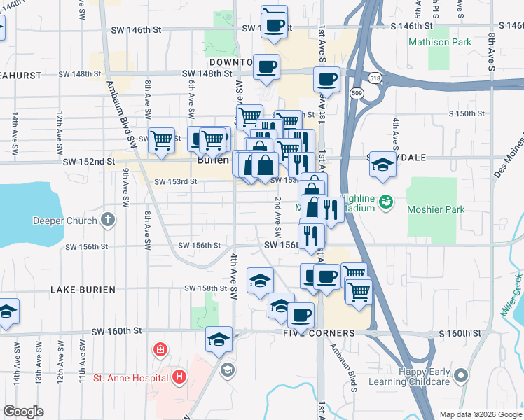 map of restaurants, bars, coffee shops, grocery stores, and more near 221 Southwest 154th Street in Burien