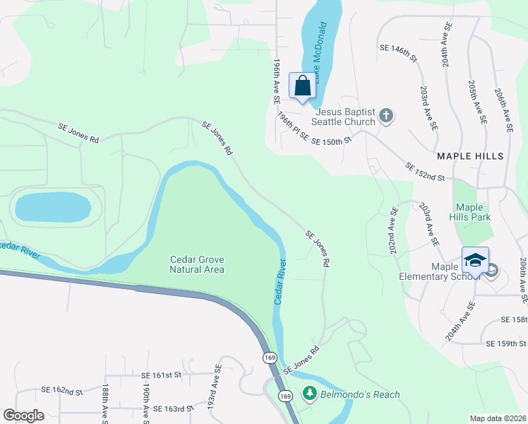 map of restaurants, bars, coffee shops, grocery stores, and more near Southeast Jones Road in Renton