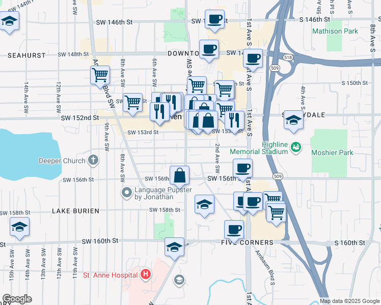 map of restaurants, bars, coffee shops, grocery stores, and more near 322 Southwest 155th Street in Burien