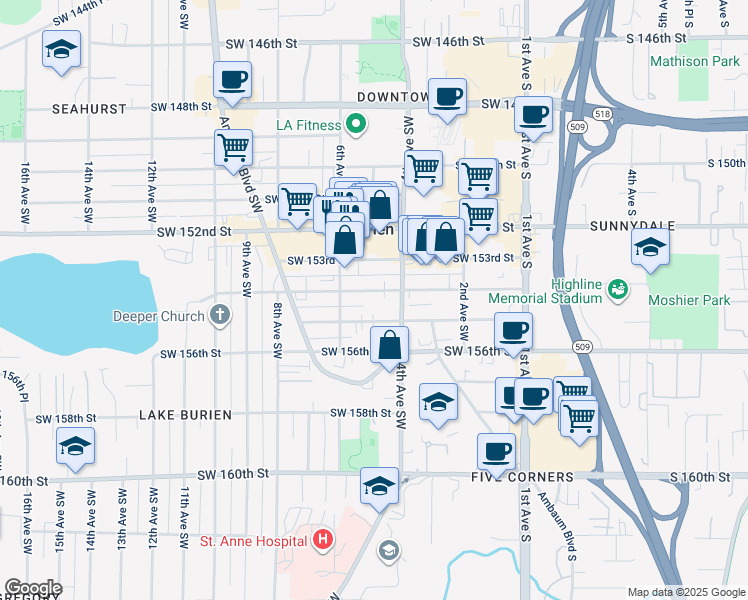 map of restaurants, bars, coffee shops, grocery stores, and more near 427 Southwest 154th Street in Seattle