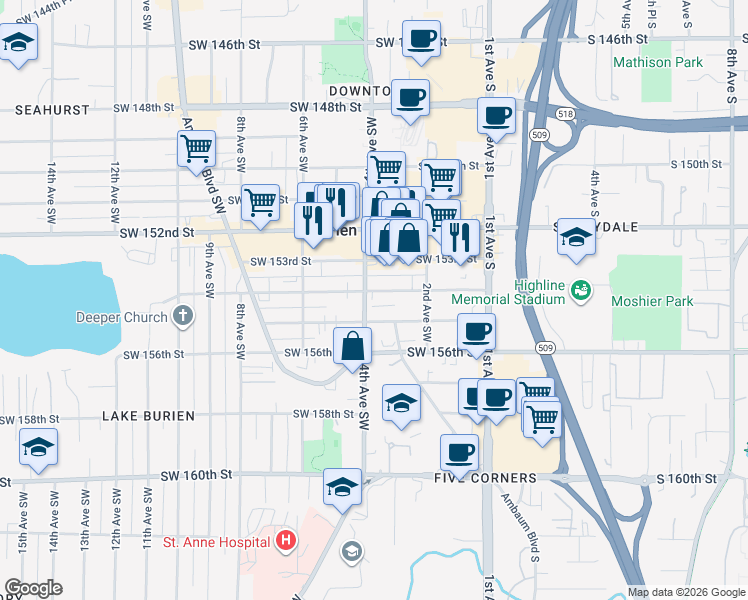map of restaurants, bars, coffee shops, grocery stores, and more near 255 Southwest 154th Street in Burien