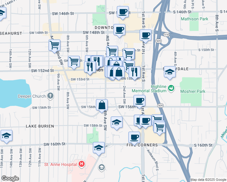 map of restaurants, bars, coffee shops, grocery stores, and more near 322 Southwest 155th Street in Burien