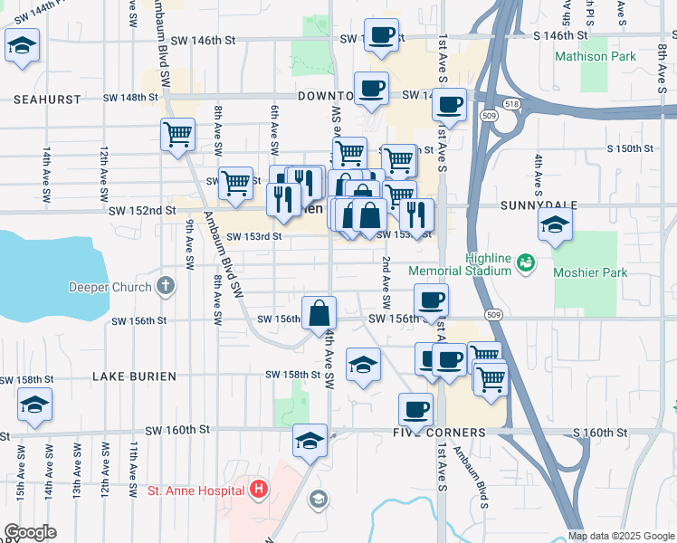 map of restaurants, bars, coffee shops, grocery stores, and more near 322 Southwest 155th Street in Burien
