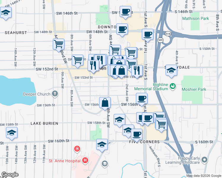 map of restaurants, bars, coffee shops, grocery stores, and more near 322 Southwest 155th Street in Burien