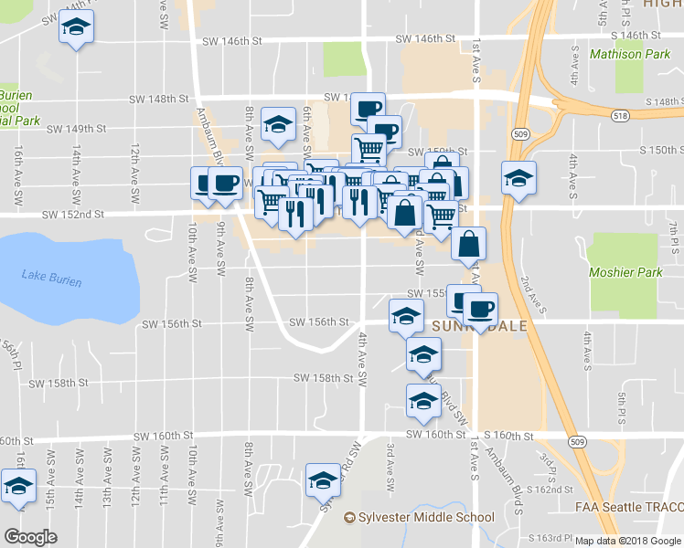 map of restaurants, bars, coffee shops, grocery stores, and more near 416 Southwest 155th Street in Burien