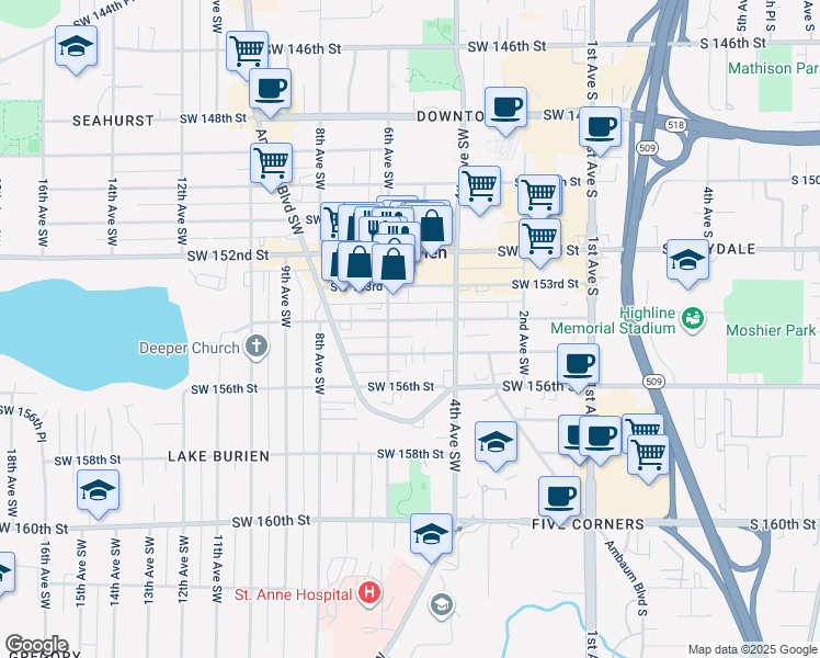 map of restaurants, bars, coffee shops, grocery stores, and more near 450 Southwest 155th Street in Burien