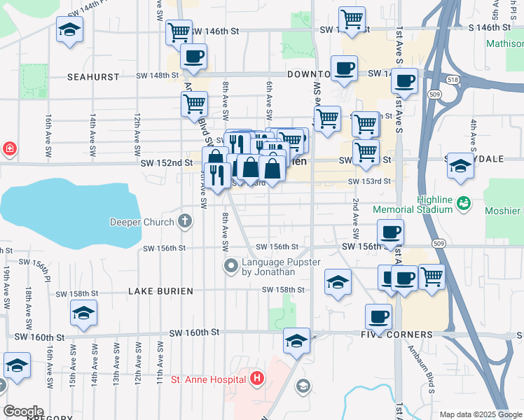 map of restaurants, bars, coffee shops, grocery stores, and more near 15418 Ambaum Boulevard Southwest in Burien