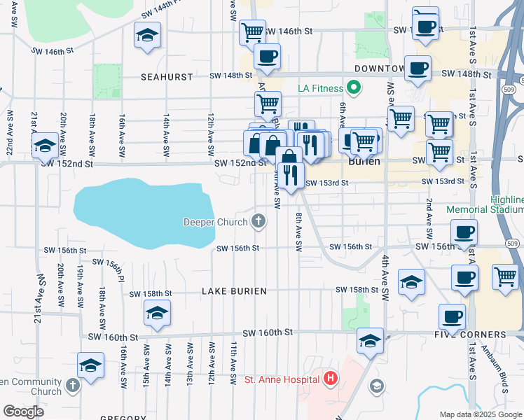 map of restaurants, bars, coffee shops, grocery stores, and more near 15405 10th Avenue Southwest in Burien