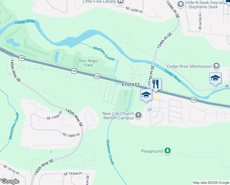 map of restaurants, bars, coffee shops, grocery stores, and more near 15277 Birch Drive in Renton