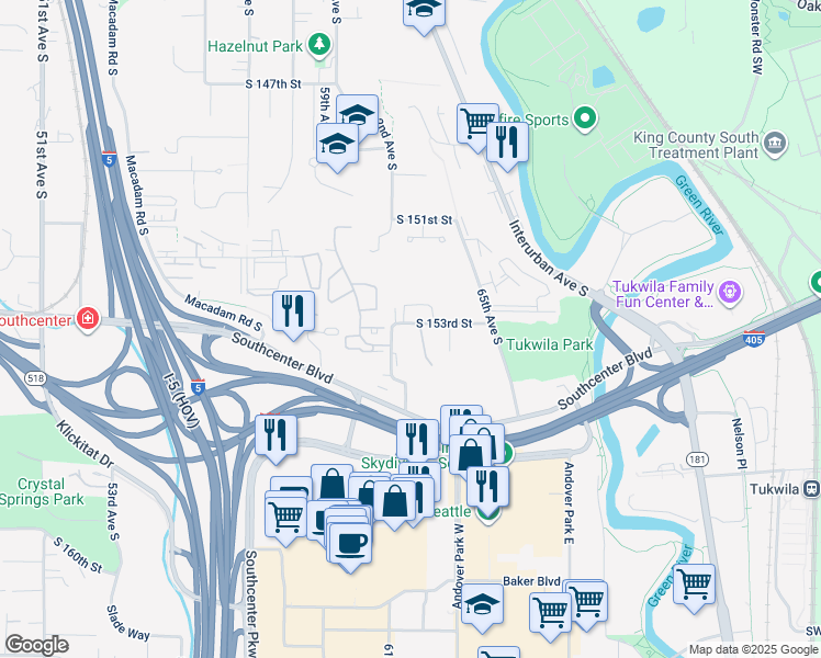 map of restaurants, bars, coffee shops, grocery stores, and more near 6245 South 153rd Street in Tukwila